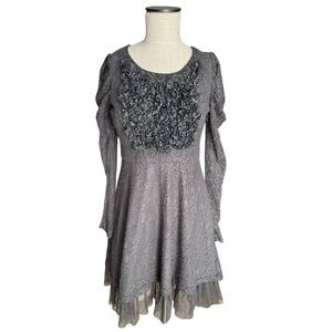 Ryu Anthropologie Lace Ruffle Front Tulle Hem Beaded Detail Gray Dress Sz S